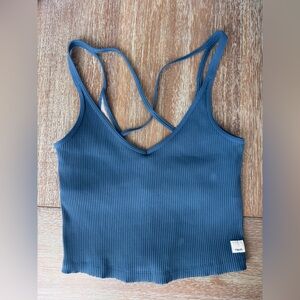 Vuori Ribbed Strappy Crop Top in Teal Blue